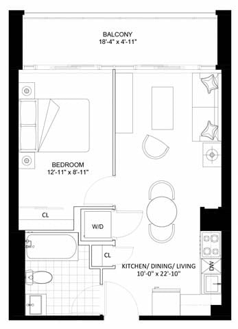 Floor plan for 1 bed, 1 bath, 496 sqft